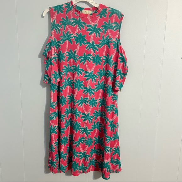 Simply Southern XL Pink/green palm trees Cut Out Tiered Sundress. Beach vacation - Picture 1 of 9